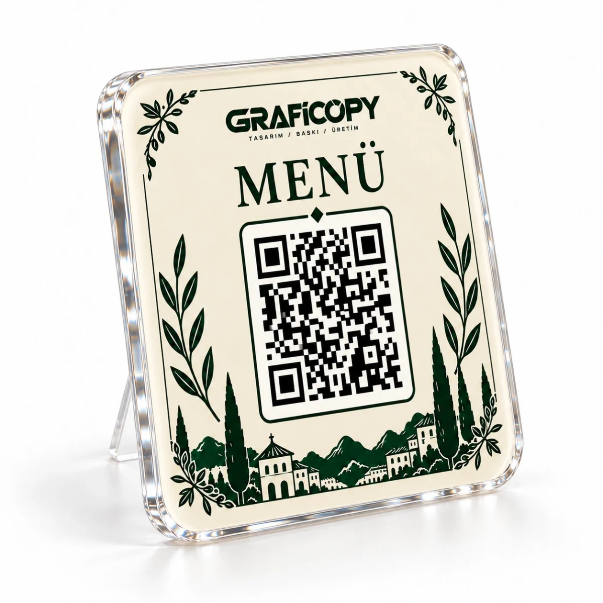 ZEYTİN Desenli Pleksi QR Menü Standı - Görsel 3